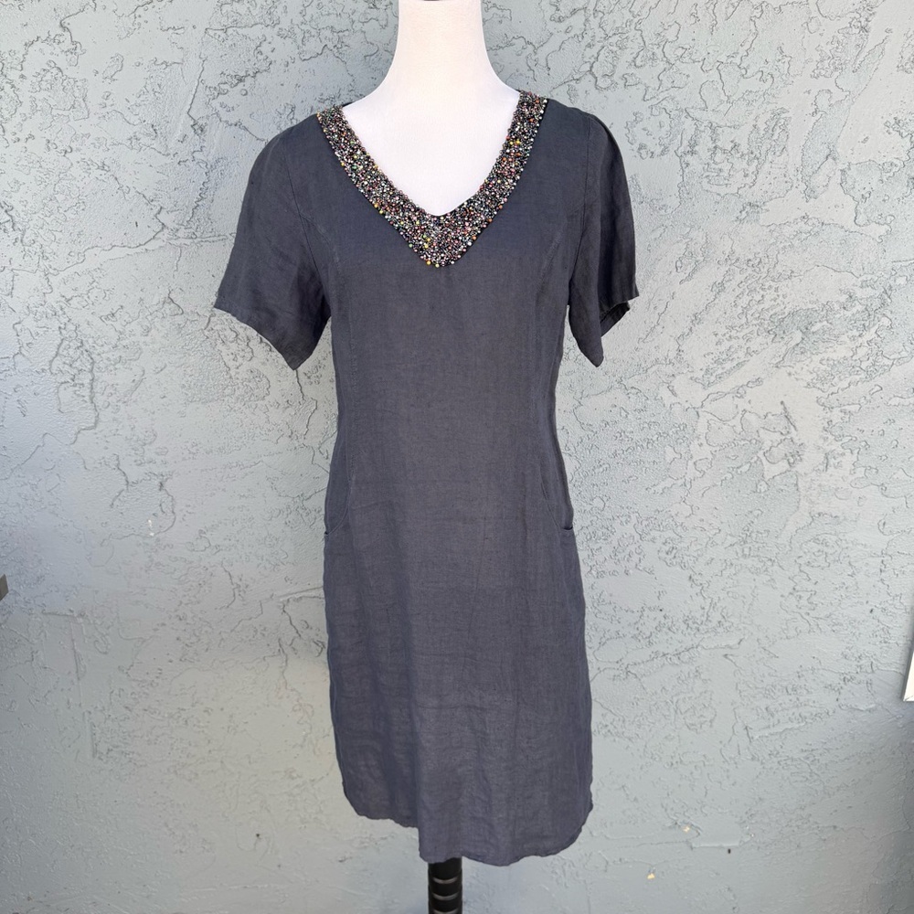 Lina Tomei Navy Blue 100% Linen Beaded V-Neckline Midi Dress Pockets (M)